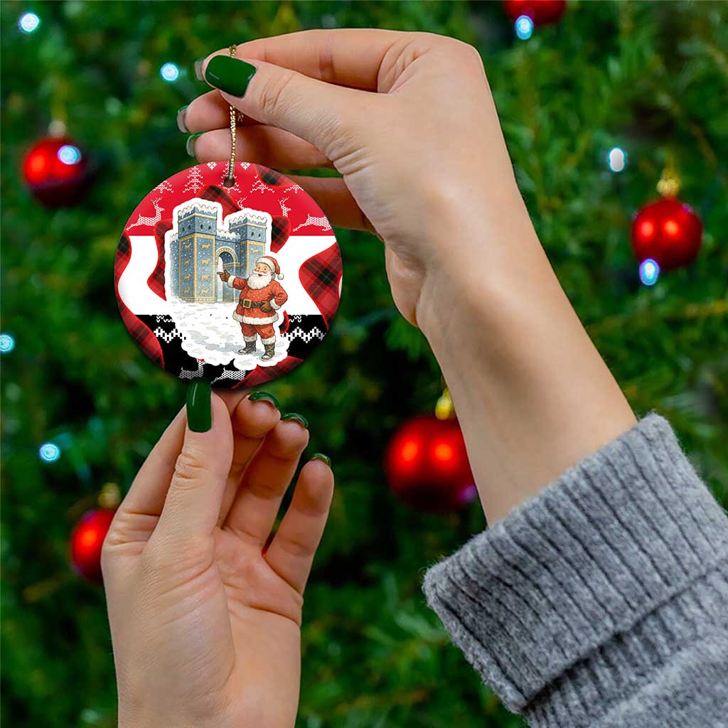 Iraq Christmas Ceramic Ornament with Santa Ishtar Gate Red Plaid and Snowflake Reindeer Pattern - Wonder Print Shop
