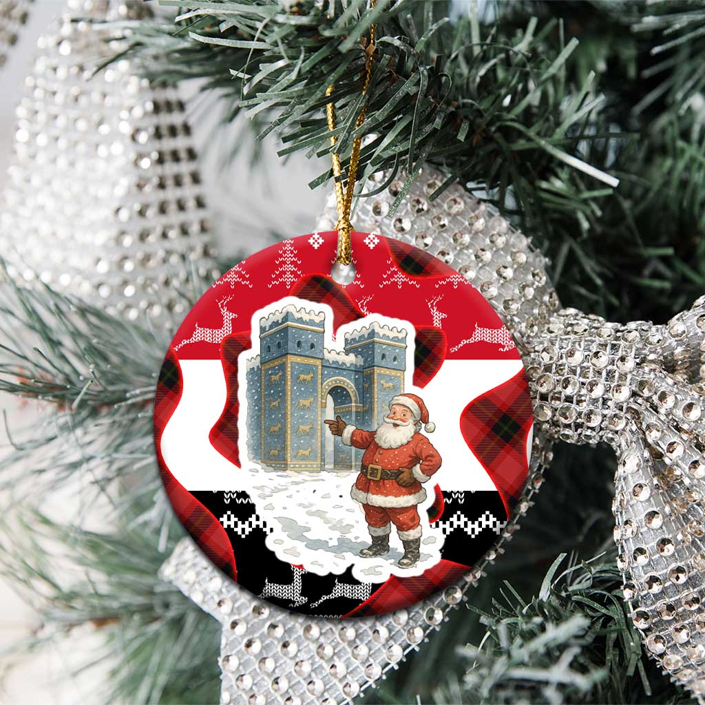Iraq Christmas Ceramic Ornament with Santa Ishtar Gate Red Plaid and Snowflake Reindeer Pattern - Wonder Print Shop