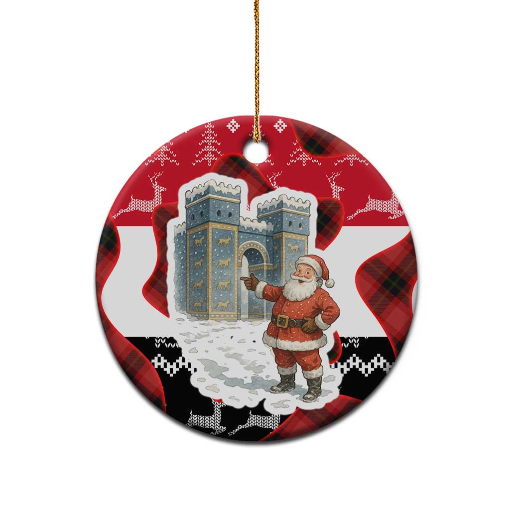 Iraq Christmas Ceramic Ornament with Santa Ishtar Gate Red Plaid and Snowflake Reindeer Pattern - Wonder Print Shop