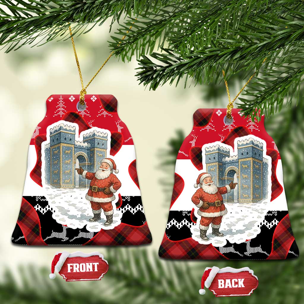 Iraq Christmas Ceramic Ornament with Santa Ishtar Gate Red Plaid and Snowflake Reindeer Pattern - Wonder Print Shop