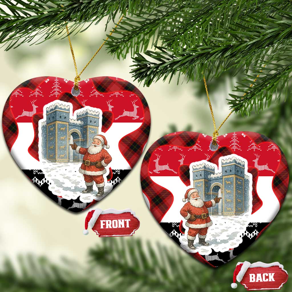 Iraq Christmas Ceramic Ornament with Santa Ishtar Gate Red Plaid and Snowflake Reindeer Pattern - Wonder Print Shop
