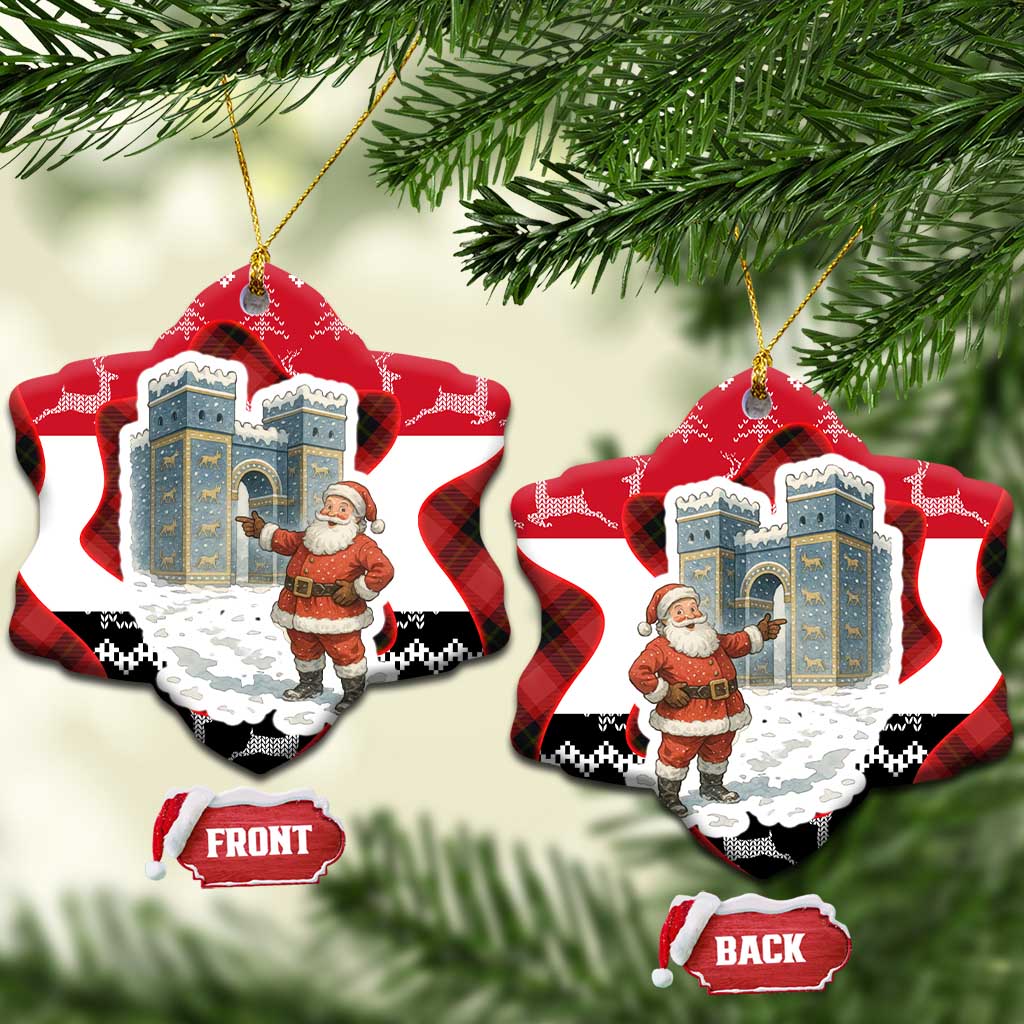 Iraq Christmas Ceramic Ornament with Santa Ishtar Gate Red Plaid and Snowflake Reindeer Pattern - Wonder Print Shop