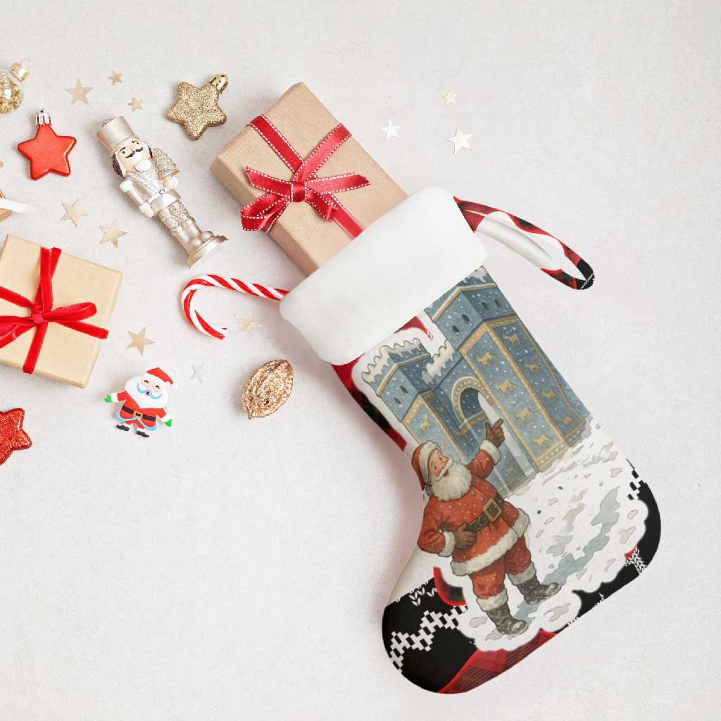 Iraq Christmas Stocking with Santa Ishtar Gate Red Plaid and Snowflake Reindeer Pattern - Wonder Print Shop