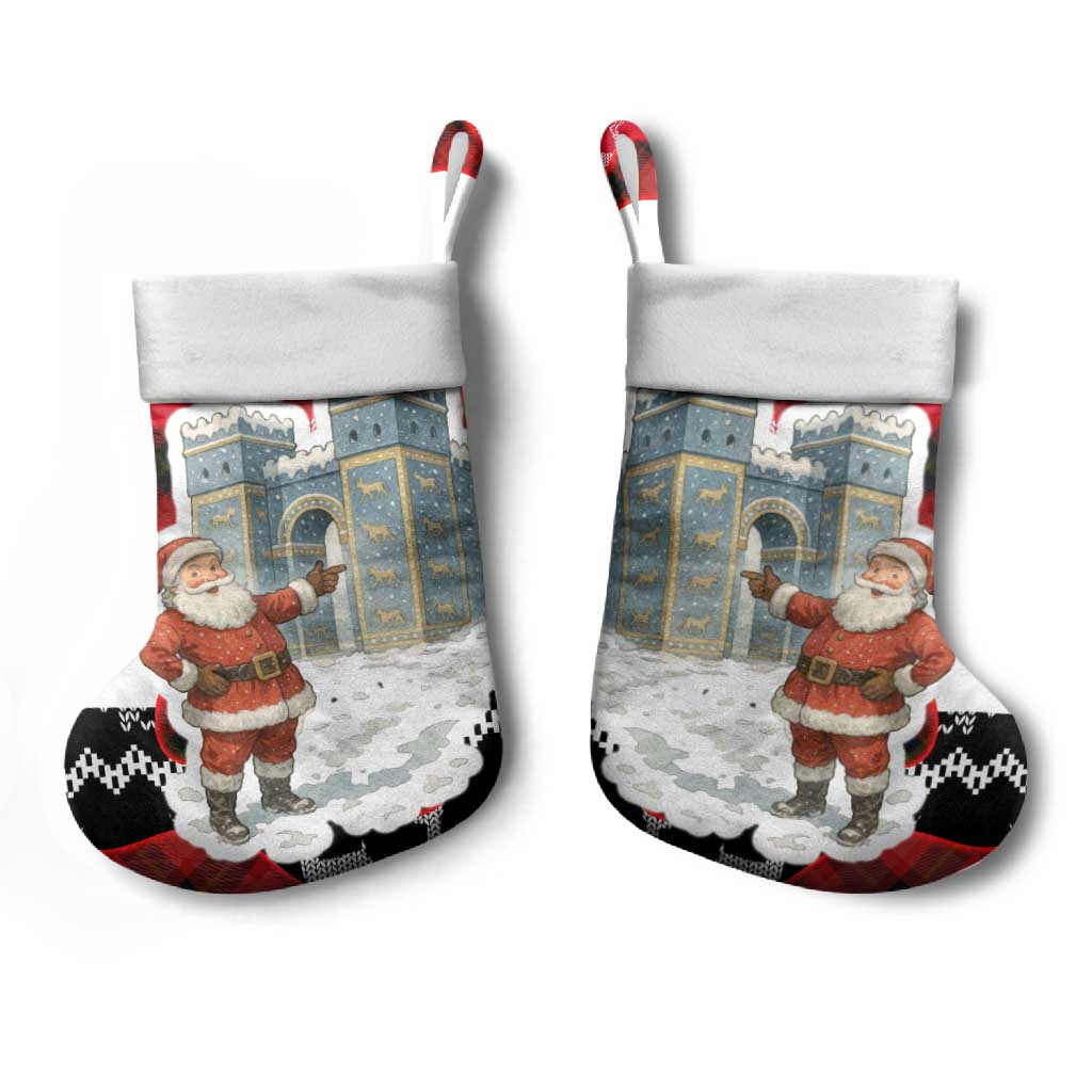Iraq Christmas Stocking with Santa Ishtar Gate Red Plaid and Snowflake Reindeer Pattern - Wonder Print Shop