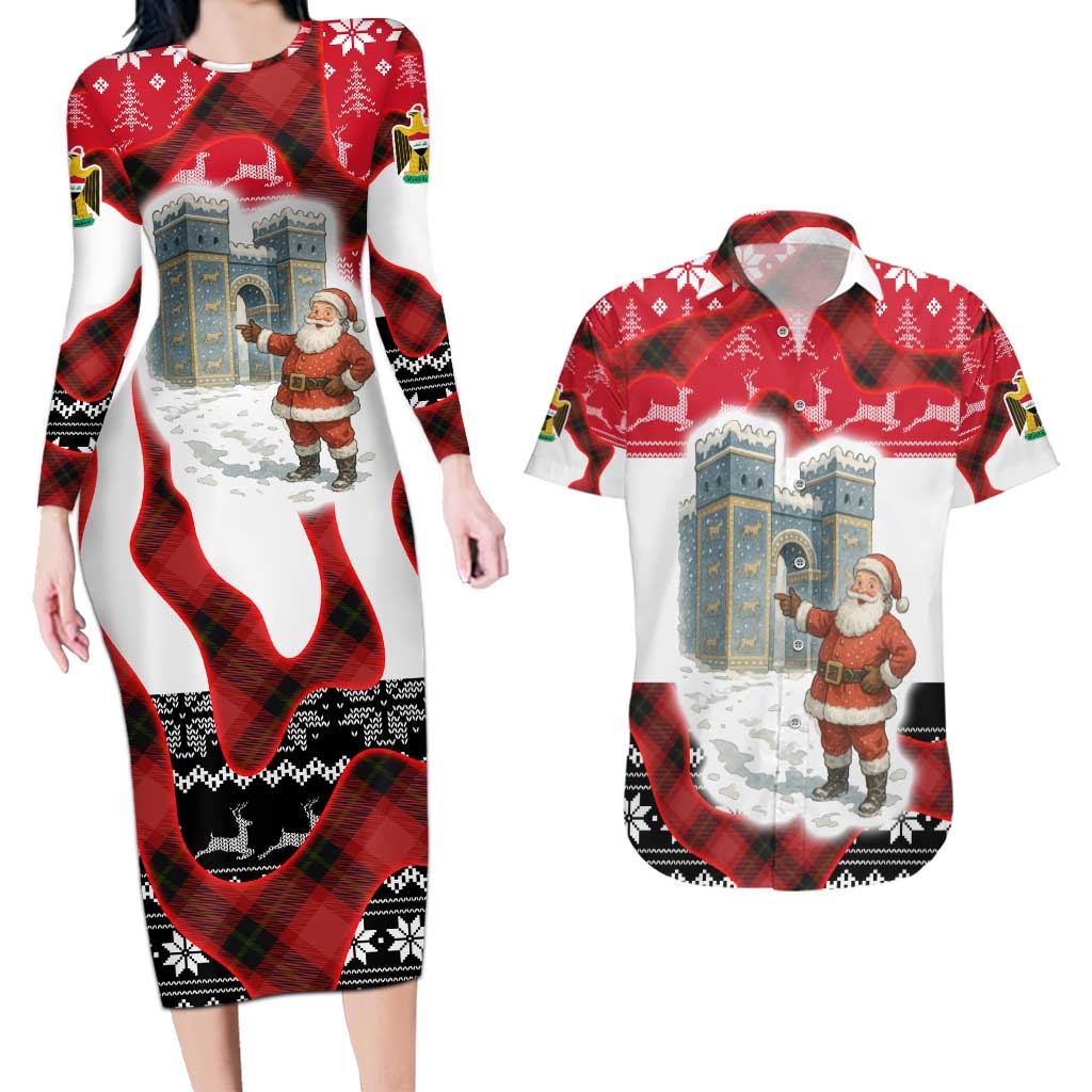 Iraq Christmas Couples Matching Long Sleeve Bodycon Dress and Hawaiian Shirt with Santa Ishtar Gate Red Plaid and Snowflake Reindeer Pattern - Wonder Print Shop