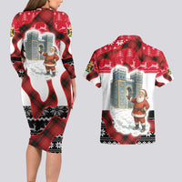 Iraq Christmas Couples Matching Long Sleeve Bodycon Dress and Hawaiian Shirt with Santa Ishtar Gate Red Plaid and Snowflake Reindeer Pattern - Wonder Print Shop