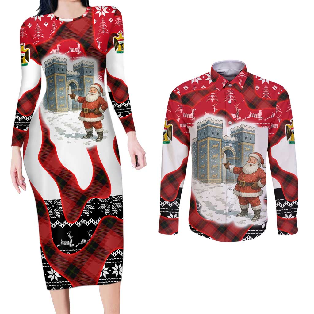 Iraq Christmas Couples Matching Long Sleeve Bodycon Dress and Long Sleeve Button Shirt with Santa Ishtar Gate Red Plaid and Snowflake Reindeer Pattern - Wonder Print Shop