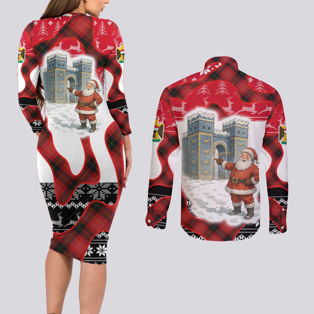 Iraq Christmas Couples Matching Long Sleeve Bodycon Dress and Long Sleeve Button Shirt with Santa Ishtar Gate Red Plaid and Snowflake Reindeer Pattern - Wonder Print Shop