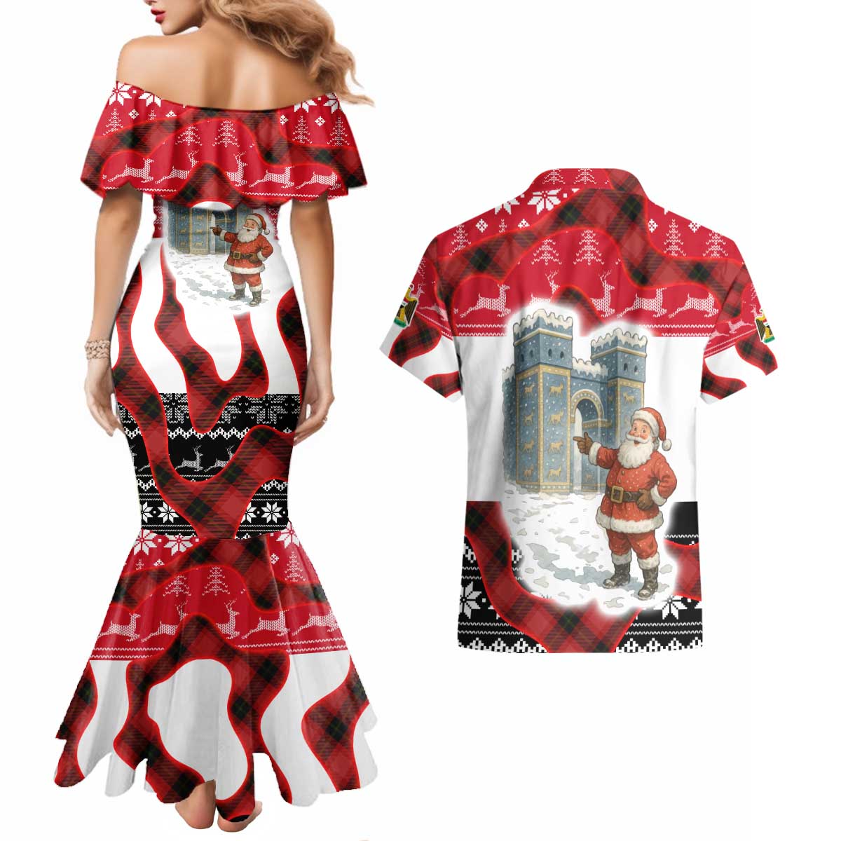 Iraq Christmas Couples Matching Mermaid Dress and Hawaiian Shirt with Santa Ishtar Gate Red Plaid and Snowflake Reindeer Pattern - Wonder Print Shop