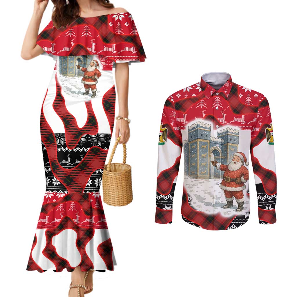 Iraq Christmas Couples Matching Mermaid Dress and Long Sleeve Button Shirt with Santa Ishtar Gate Red Plaid and Snowflake Reindeer Pattern - Wonder Print Shop