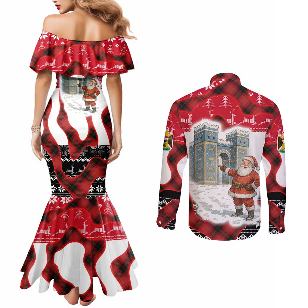 Iraq Christmas Couples Matching Mermaid Dress and Long Sleeve Button Shirt with Santa Ishtar Gate Red Plaid and Snowflake Reindeer Pattern - Wonder Print Shop
