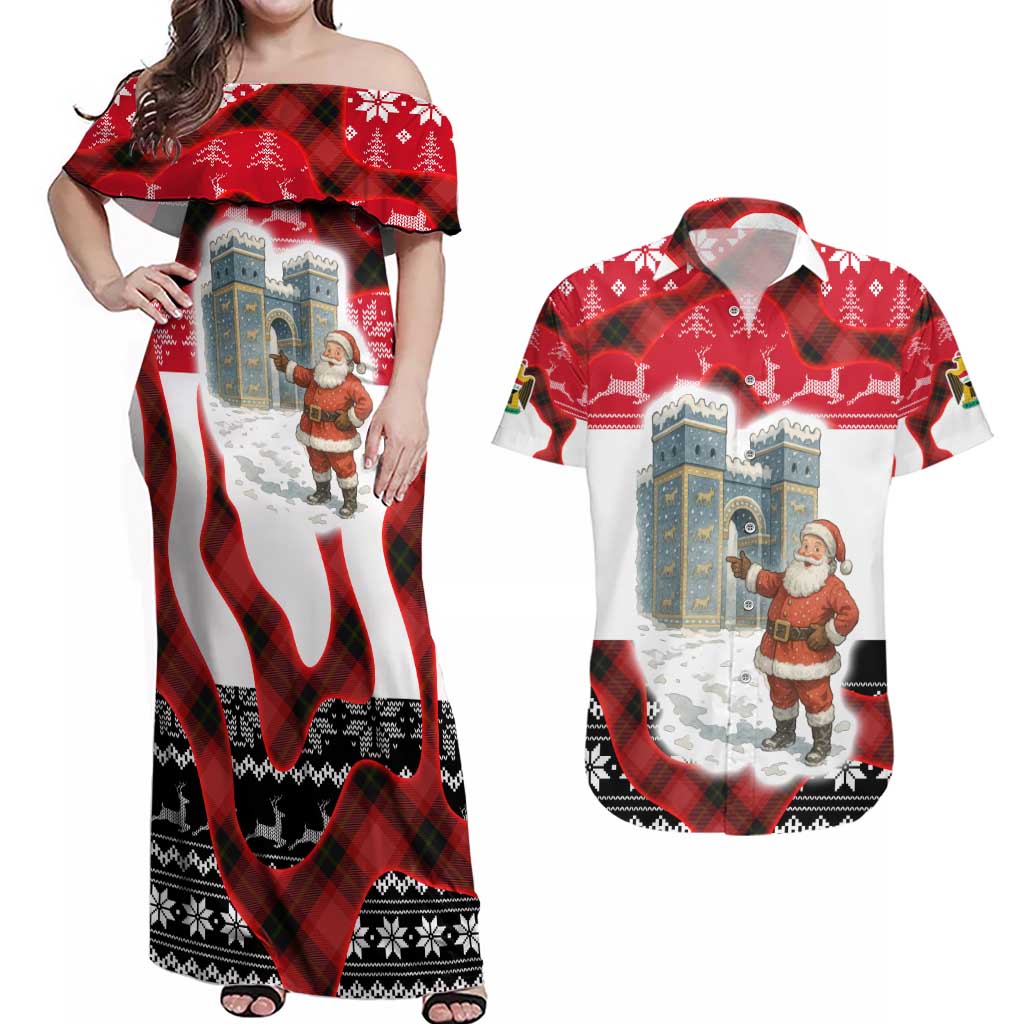 Iraq Christmas Couples Matching Off Shoulder Maxi Dress and Hawaiian Shirt with Santa Ishtar Gate Red Plaid and Snowflake Reindeer Pattern - Wonder Print Shop