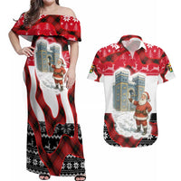 Iraq Christmas Couples Matching Off Shoulder Maxi Dress and Hawaiian Shirt with Santa Ishtar Gate Red Plaid and Snowflake Reindeer Pattern - Wonder Print Shop