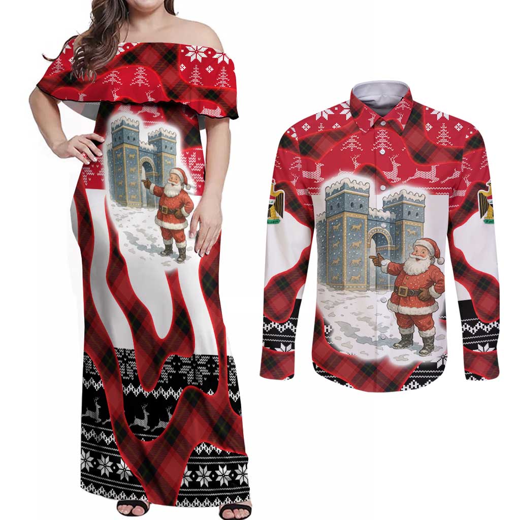Iraq Christmas Couples Matching Off Shoulder Maxi Dress and Long Sleeve Button Shirt with Santa Ishtar Gate Red Plaid and Snowflake Reindeer Pattern - Wonder Print Shop