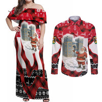 Iraq Christmas Couples Matching Off Shoulder Maxi Dress and Long Sleeve Button Shirt with Santa Ishtar Gate Red Plaid and Snowflake Reindeer Pattern - Wonder Print Shop