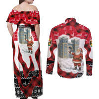 Iraq Christmas Couples Matching Off Shoulder Maxi Dress and Long Sleeve Button Shirt with Santa Ishtar Gate Red Plaid and Snowflake Reindeer Pattern - Wonder Print Shop