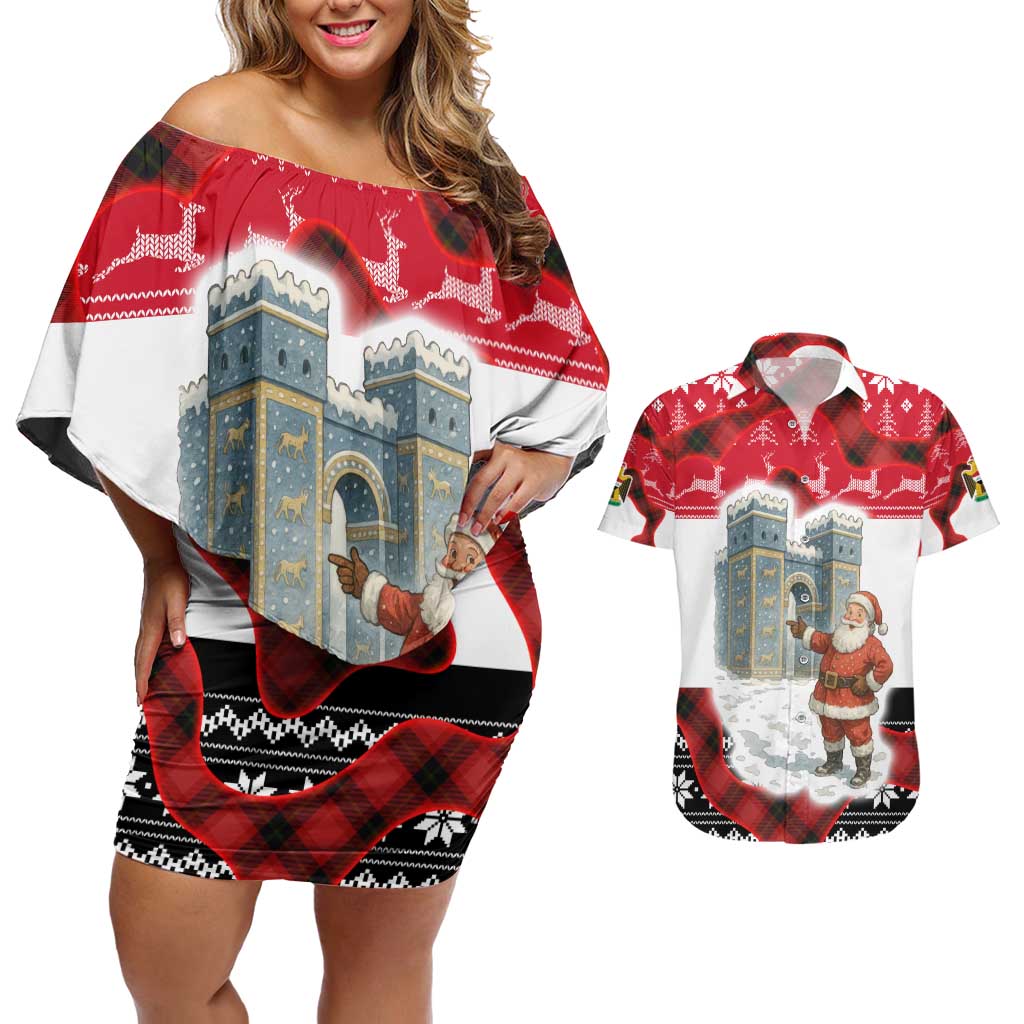 Iraq Christmas Couples Matching Off Shoulder Short Dress and Hawaiian Shirt with Santa Ishtar Gate Red Plaid and Snowflake Reindeer Pattern - Wonder Print Shop