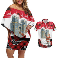 Iraq Christmas Couples Matching Off Shoulder Short Dress and Hawaiian Shirt with Santa Ishtar Gate Red Plaid and Snowflake Reindeer Pattern - Wonder Print Shop