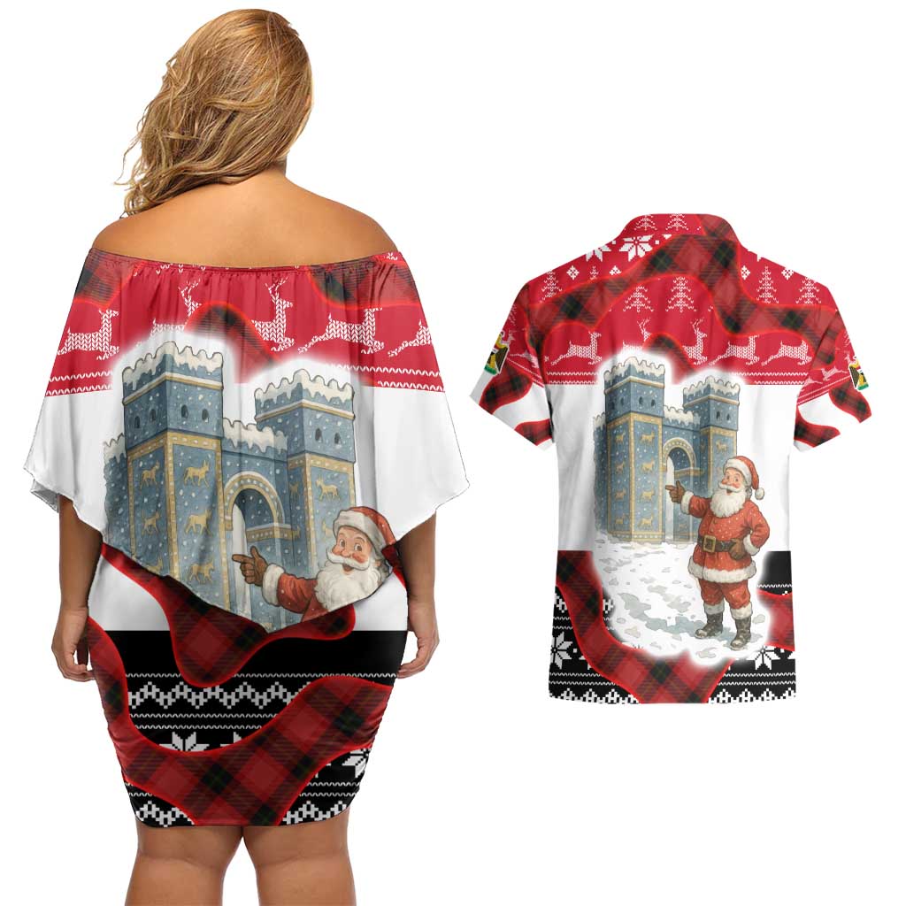 Iraq Christmas Couples Matching Off Shoulder Short Dress and Hawaiian Shirt with Santa Ishtar Gate Red Plaid and Snowflake Reindeer Pattern - Wonder Print Shop