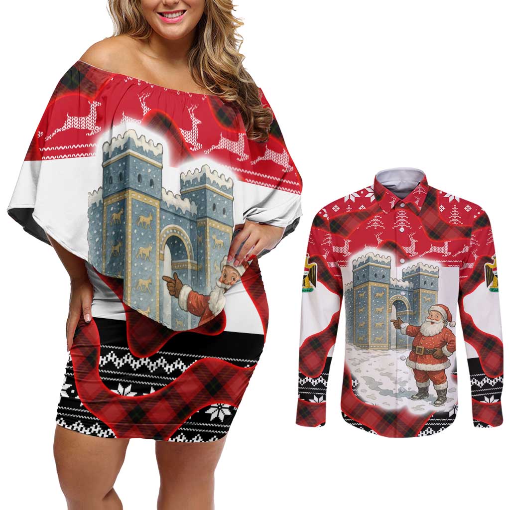 Iraq Christmas Couples Matching Off Shoulder Short Dress and Long Sleeve Button Shirt with Santa Ishtar Gate Red Plaid and Snowflake Reindeer Pattern - Wonder Print Shop
