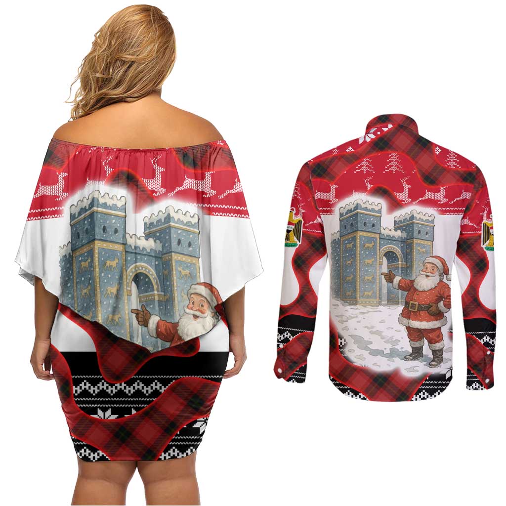 Iraq Christmas Couples Matching Off Shoulder Short Dress and Long Sleeve Button Shirt with Santa Ishtar Gate Red Plaid and Snowflake Reindeer Pattern - Wonder Print Shop