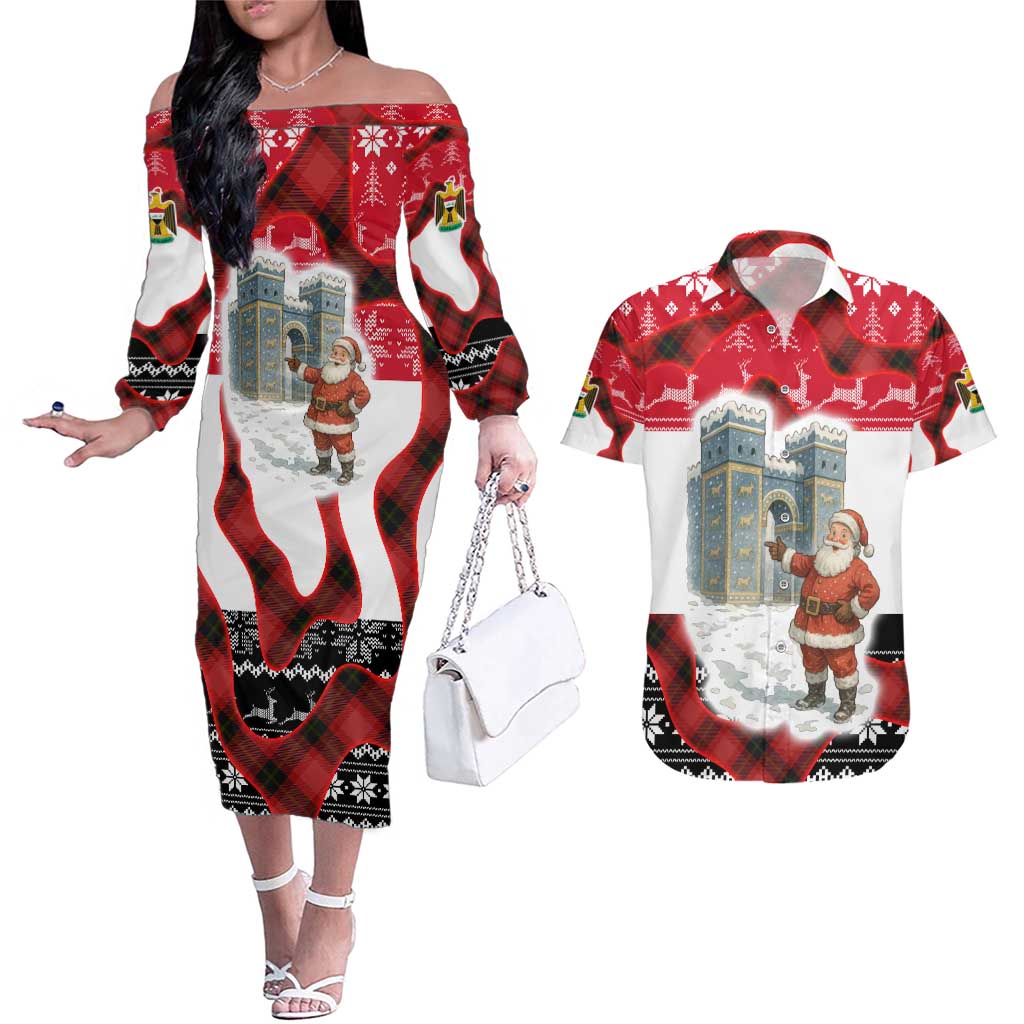 Iraq Christmas Couples Matching Off The Shoulder Long Sleeve Dress and Hawaiian Shirt with Santa Ishtar Gate Red Plaid and Snowflake Reindeer Pattern - Wonder Print Shop