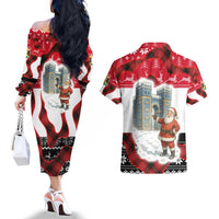 Iraq Christmas Couples Matching Off The Shoulder Long Sleeve Dress and Hawaiian Shirt with Santa Ishtar Gate Red Plaid and Snowflake Reindeer Pattern - Wonder Print Shop