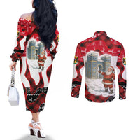 Iraq Christmas Couples Matching Off The Shoulder Long Sleeve Dress and Long Sleeve Button Shirt with Santa Ishtar Gate Red Plaid and Snowflake Reindeer Pattern - Wonder Print Shop