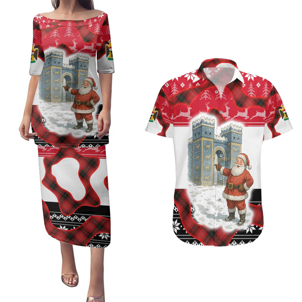 Iraq Christmas Couples Matching Puletasi and Hawaiian Shirt with Santa Ishtar Gate Red Plaid and Snowflake Reindeer Pattern - Wonder Print Shop