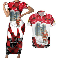 Iraq Christmas Couples Matching Short Sleeve Bodycon Dress and Hawaiian Shirt with Santa Ishtar Gate Red Plaid and Snowflake Reindeer Pattern - Wonder Print Shop