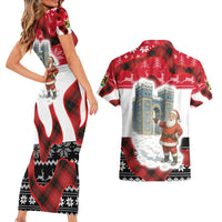 Iraq Christmas Couples Matching Short Sleeve Bodycon Dress and Hawaiian Shirt with Santa Ishtar Gate Red Plaid and Snowflake Reindeer Pattern - Wonder Print Shop