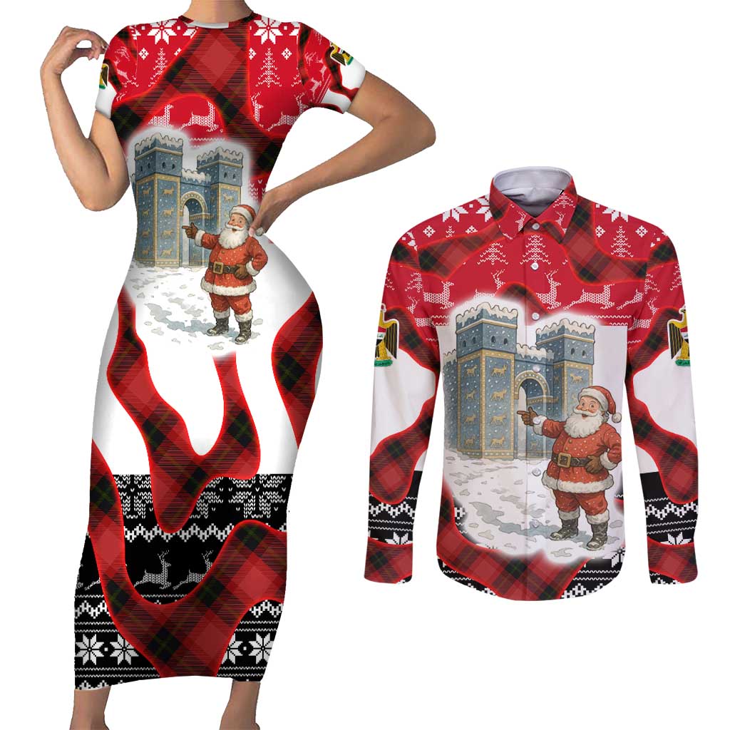 Iraq Christmas Couples Matching Short Sleeve Bodycon Dress and Long Sleeve Button Shirt with Santa Ishtar Gate Red Plaid and Snowflake Reindeer Pattern - Wonder Print Shop