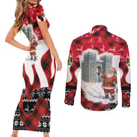 Iraq Christmas Couples Matching Short Sleeve Bodycon Dress and Long Sleeve Button Shirt with Santa Ishtar Gate Red Plaid and Snowflake Reindeer Pattern - Wonder Print Shop