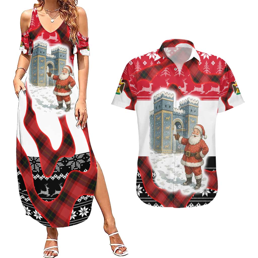 Iraq Christmas Couples Matching Summer Maxi Dress and Hawaiian Shirt with Santa Ishtar Gate Red Plaid and Snowflake Reindeer Pattern - Wonder Print Shop