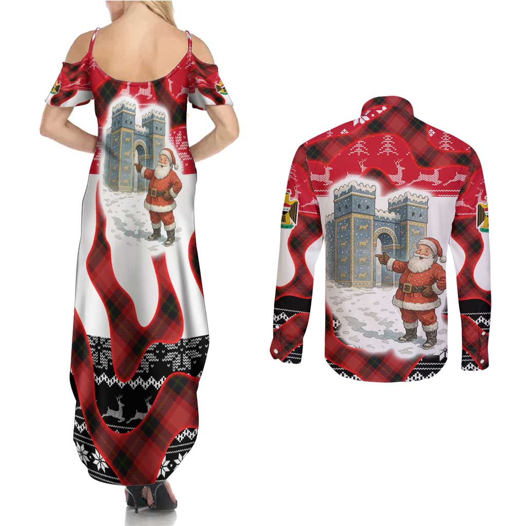 Iraq Christmas Couples Matching Summer Maxi Dress and Long Sleeve Button Shirt with Santa Ishtar Gate Red Plaid and Snowflake Reindeer Pattern - Wonder Print Shop
