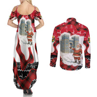 Iraq Christmas Couples Matching Summer Maxi Dress and Long Sleeve Button Shirt with Santa Ishtar Gate Red Plaid and Snowflake Reindeer Pattern - Wonder Print Shop