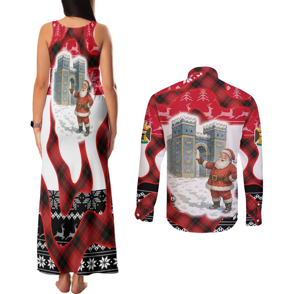 Iraq Christmas Couples Matching Tank Maxi Dress and Long Sleeve Button Shirt with Santa Ishtar Gate Red Plaid and Snowflake Reindeer Pattern - Wonder Print Shop