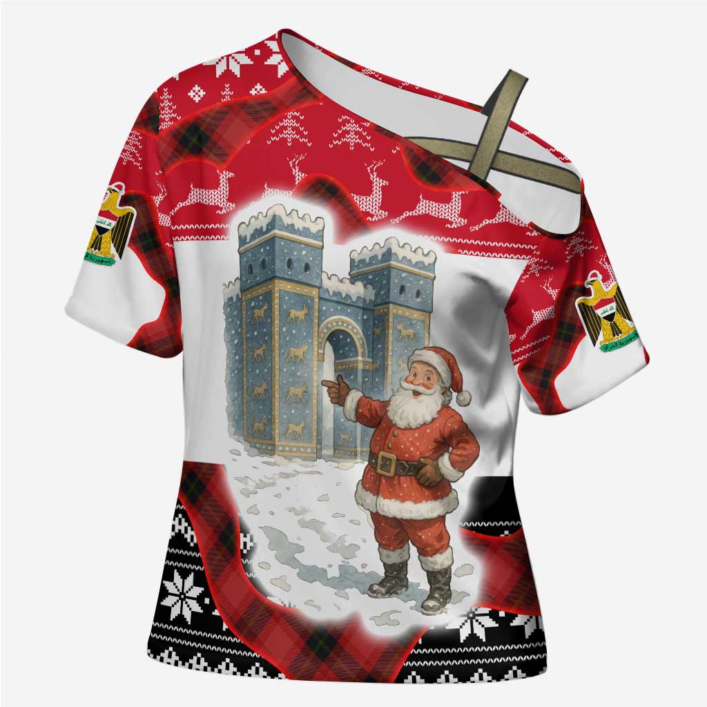 Iraq Christmas Cross Shoulder Shirt with Santa Ishtar Gate Red Plaid and Snowflake Reindeer Pattern - Wonder Print Shop