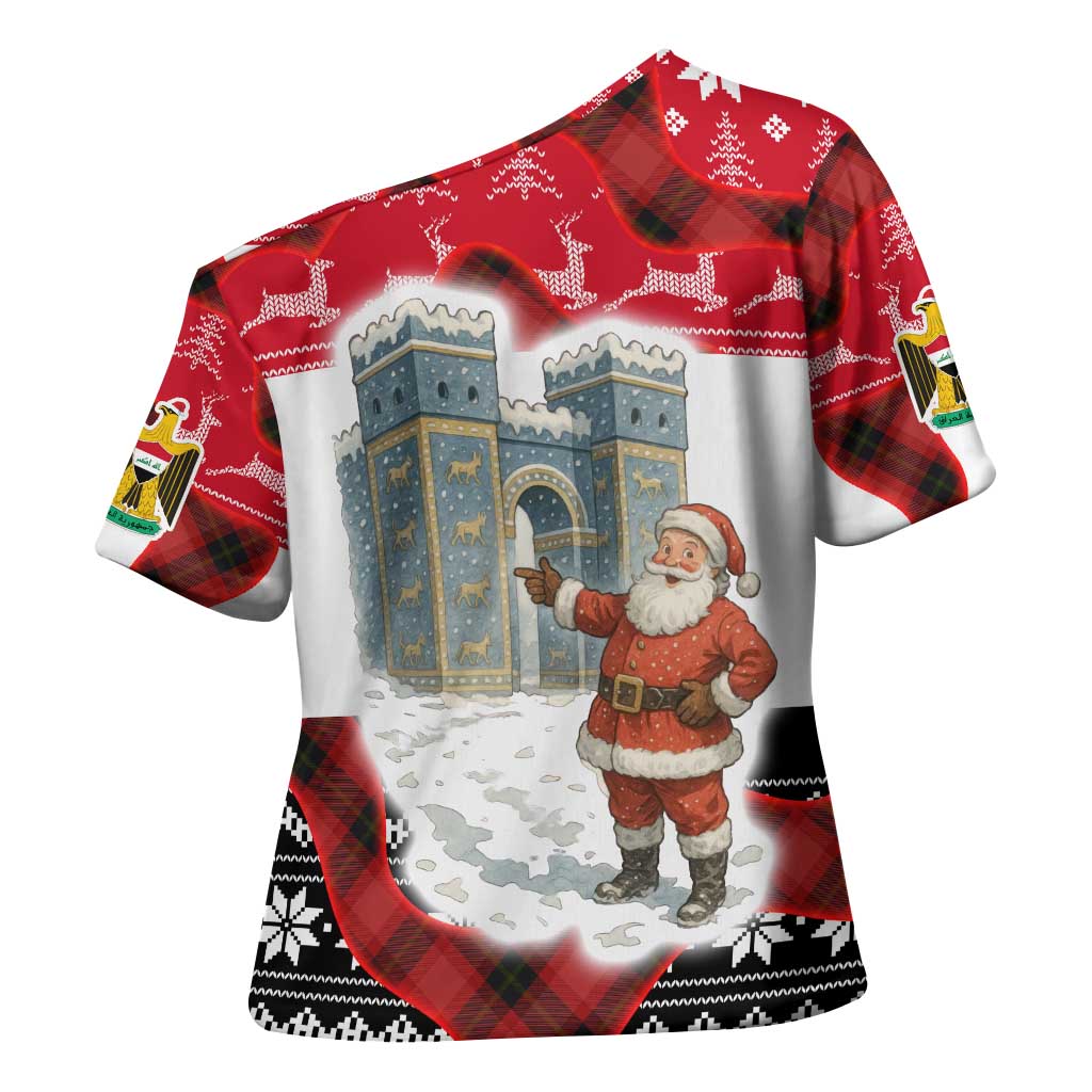 Iraq Christmas Cross Shoulder Shirt with Santa Ishtar Gate Red Plaid and Snowflake Reindeer Pattern - Wonder Print Shop