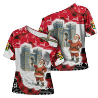 Iraq Christmas Cross Shoulder Shirt with Santa Ishtar Gate Red Plaid and Snowflake Reindeer Pattern - Wonder Print Shop