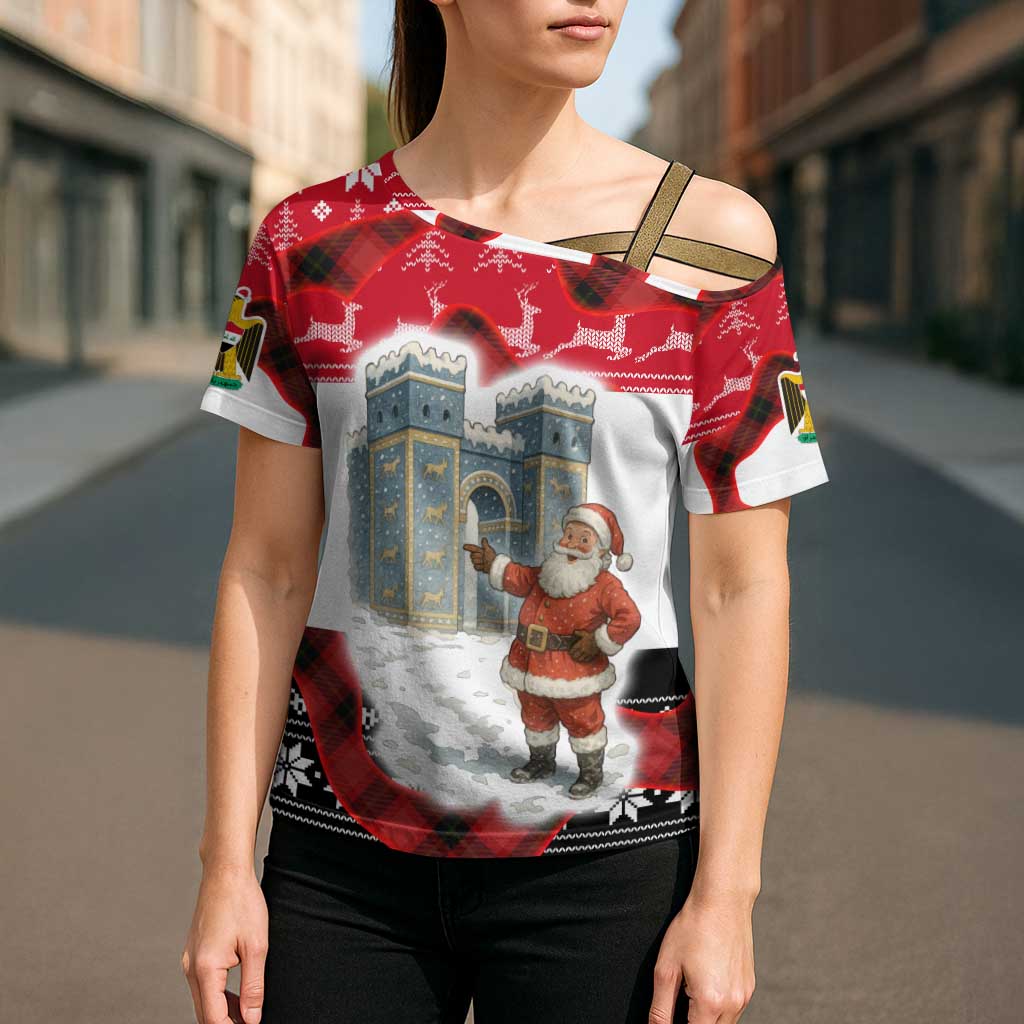 Iraq Christmas Cross Shoulder Shirt with Santa Ishtar Gate Red Plaid and Snowflake Reindeer Pattern - Wonder Print Shop