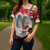 Iraq Christmas Cross Shoulder Shirt with Santa Ishtar Gate Red Plaid and Snowflake Reindeer Pattern - Wonder Print Shop