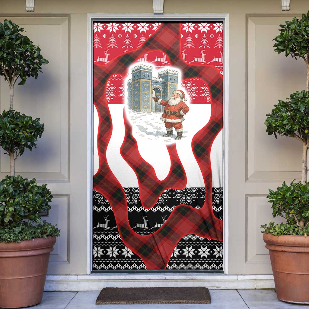 Iraq Christmas Door Cover with Santa Ishtar Gate Red Plaid and Snowflake Reindeer Pattern - Wonder Print Shop