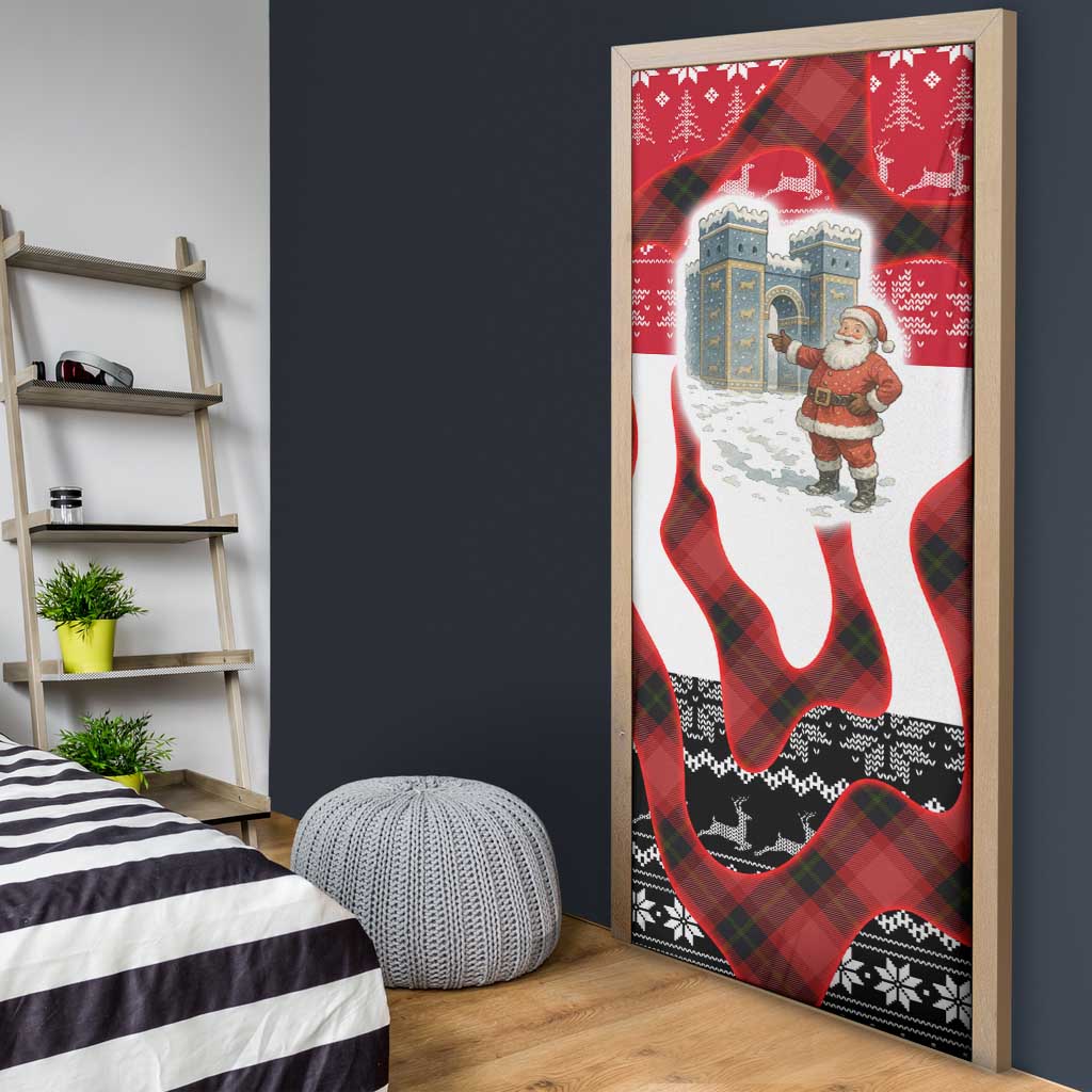 Iraq Christmas Door Cover with Santa Ishtar Gate Red Plaid and Snowflake Reindeer Pattern - Wonder Print Shop