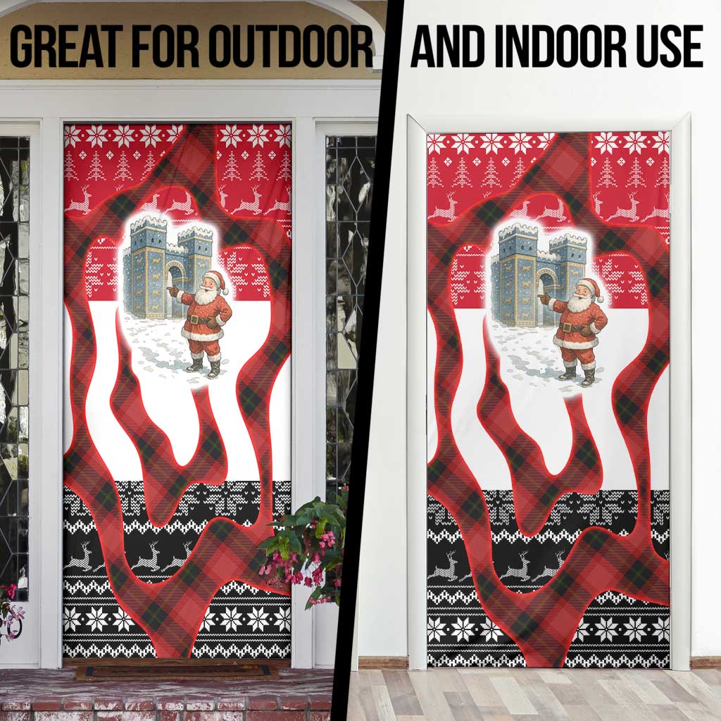 Iraq Christmas Door Cover with Santa Ishtar Gate Red Plaid and Snowflake Reindeer Pattern - Wonder Print Shop