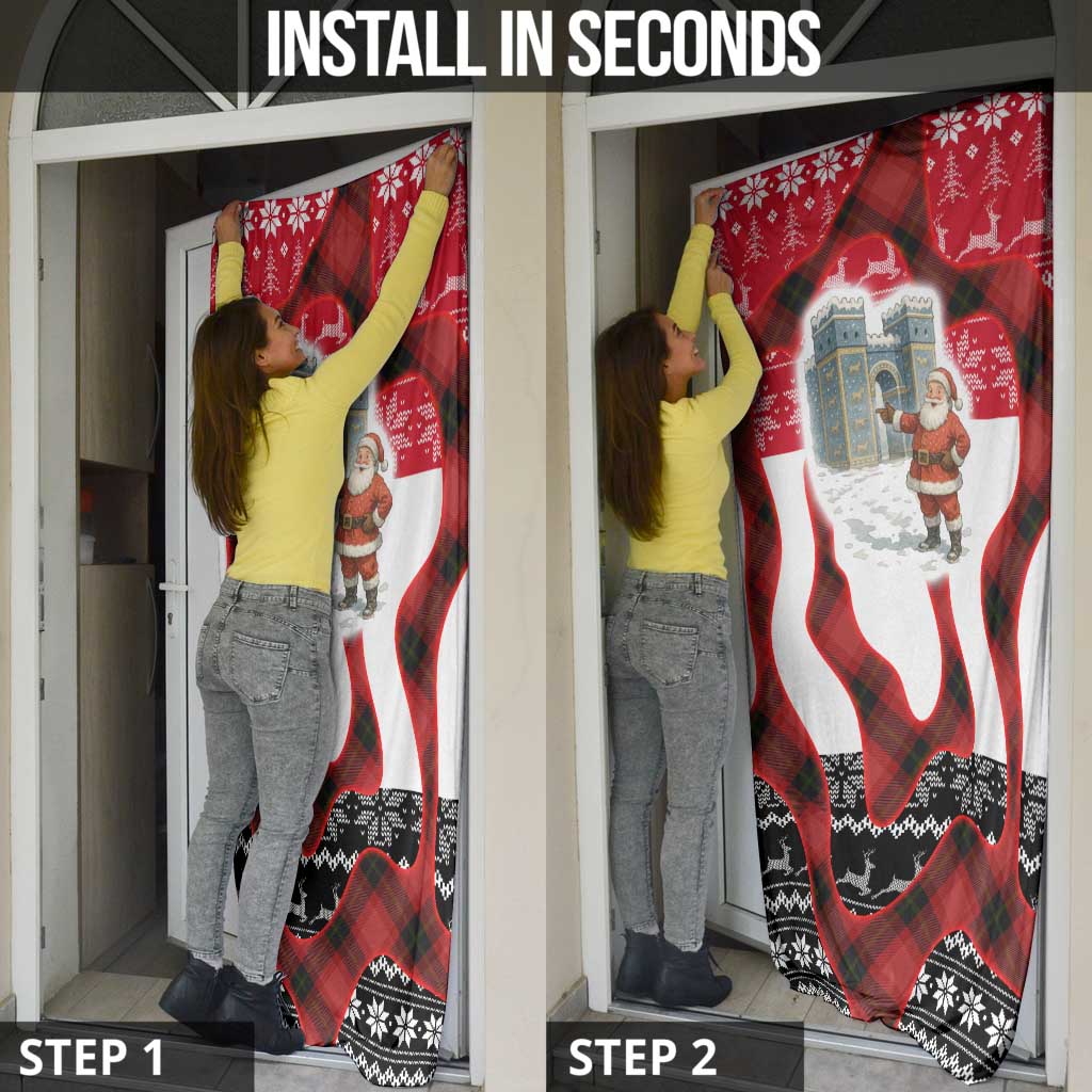 Iraq Christmas Door Cover with Santa Ishtar Gate Red Plaid and Snowflake Reindeer Pattern - Wonder Print Shop