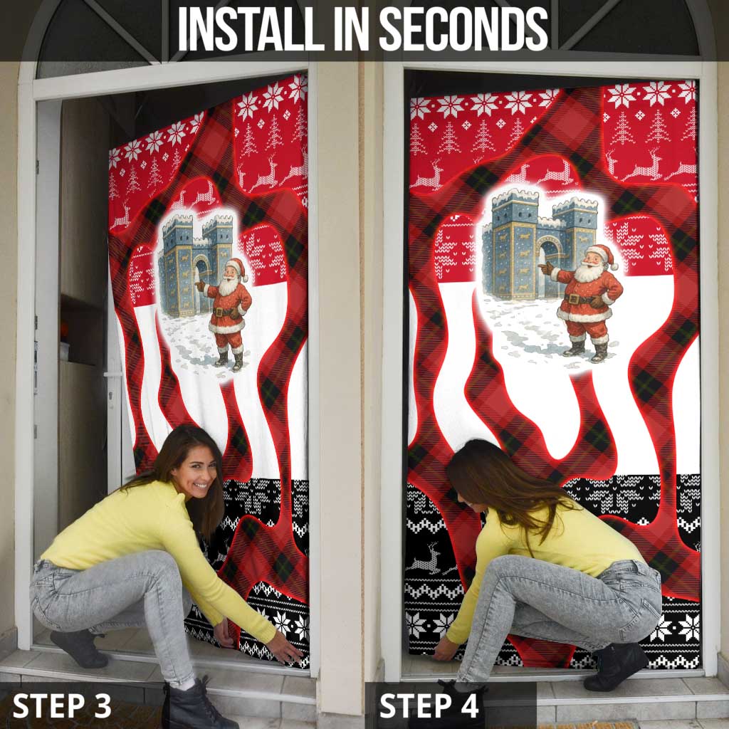 Iraq Christmas Door Cover with Santa Ishtar Gate Red Plaid and Snowflake Reindeer Pattern - Wonder Print Shop