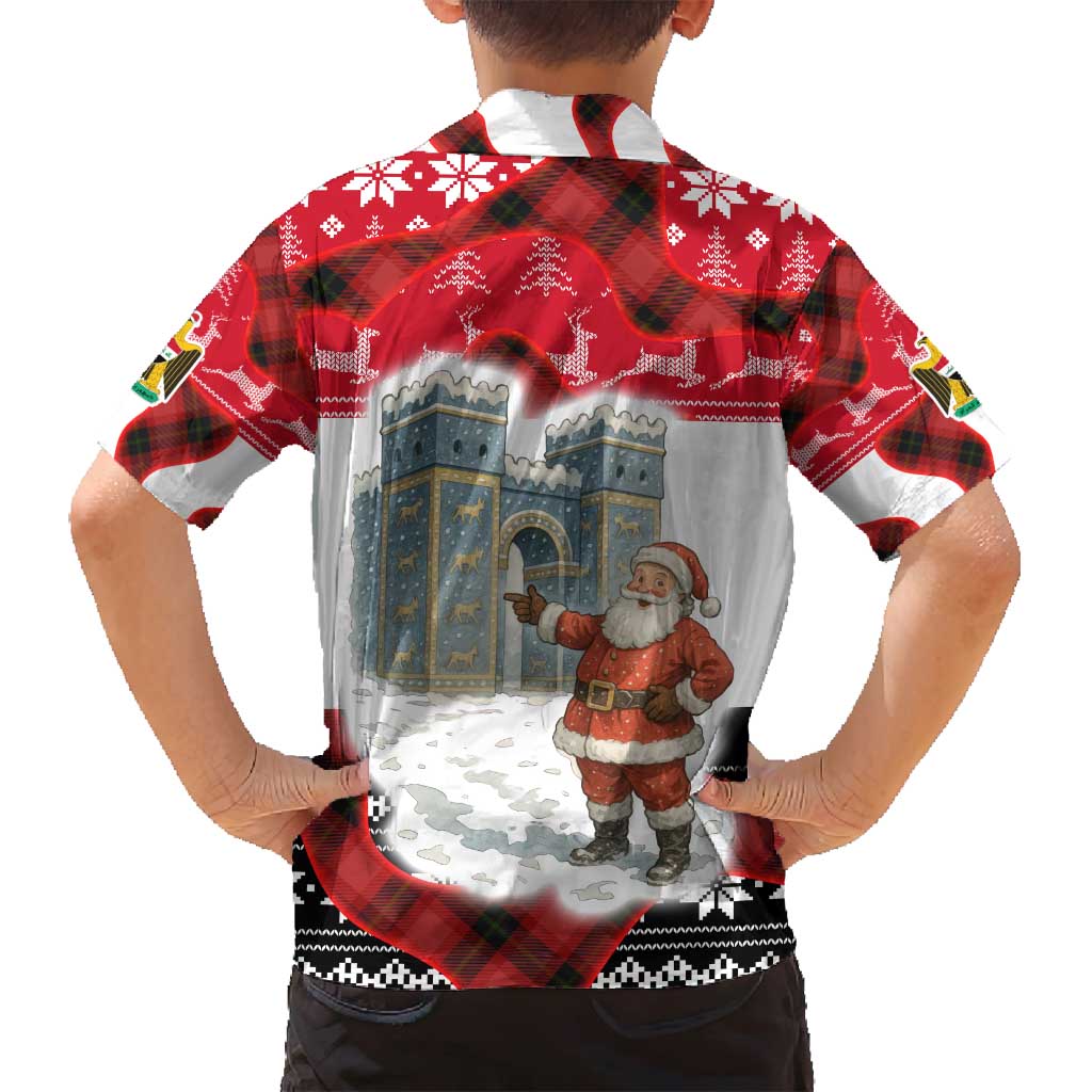 Iraq Christmas Family Matching Long Sleeve Bodycon Dress and Hawaiian Shirt with Santa Ishtar Gate Red Plaid and Snowflake Reindeer Pattern - Wonder Print Shop
