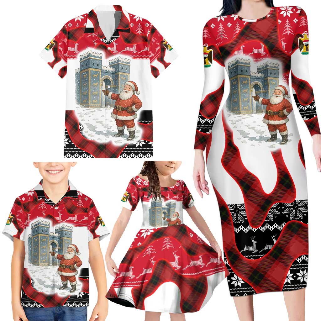 Iraq Christmas Family Matching Long Sleeve Bodycon Dress and Hawaiian Shirt with Santa Ishtar Gate Red Plaid and Snowflake Reindeer Pattern - Wonder Print Shop