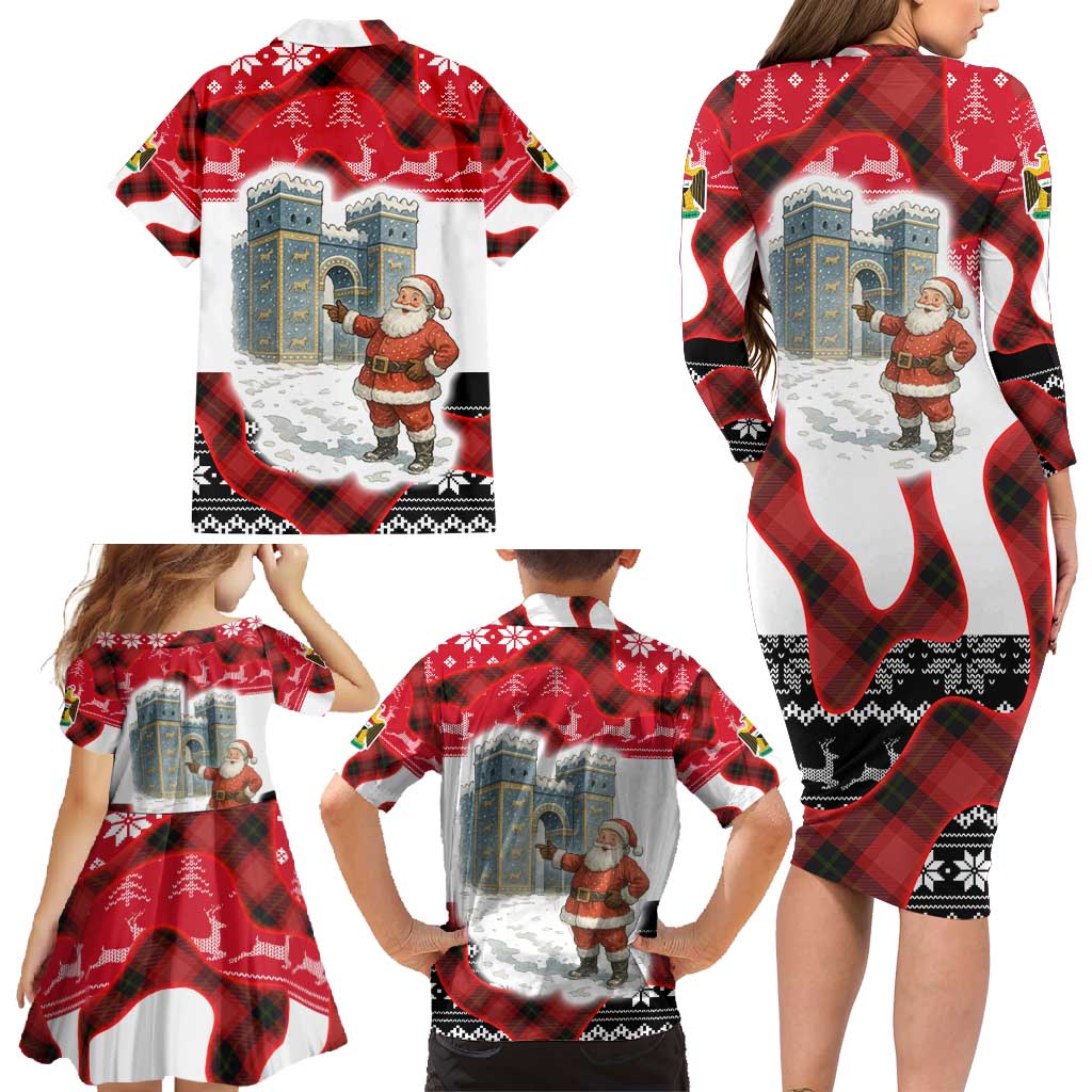 Iraq Christmas Family Matching Long Sleeve Bodycon Dress and Hawaiian Shirt with Santa Ishtar Gate Red Plaid and Snowflake Reindeer Pattern - Wonder Print Shop
